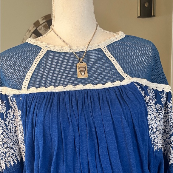 Free People Royal Blue Blouse with White Embroidery - Picture 3 of 6